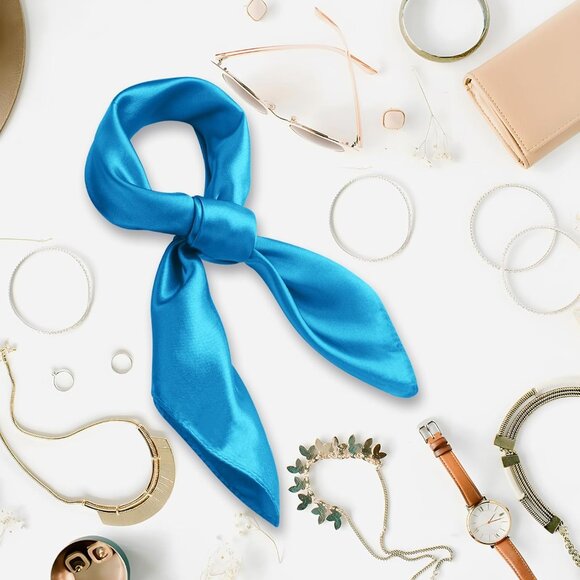 Women's Sky Blue Silk Feeling Scarf 23.6'' Square Satin Scarf Neck Head Bandana - Picture 5 of 7